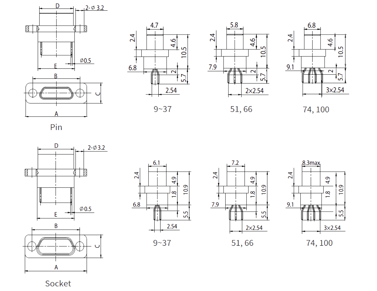 J30J Micro D 1.27x2.54 straight pcb connector dimensions