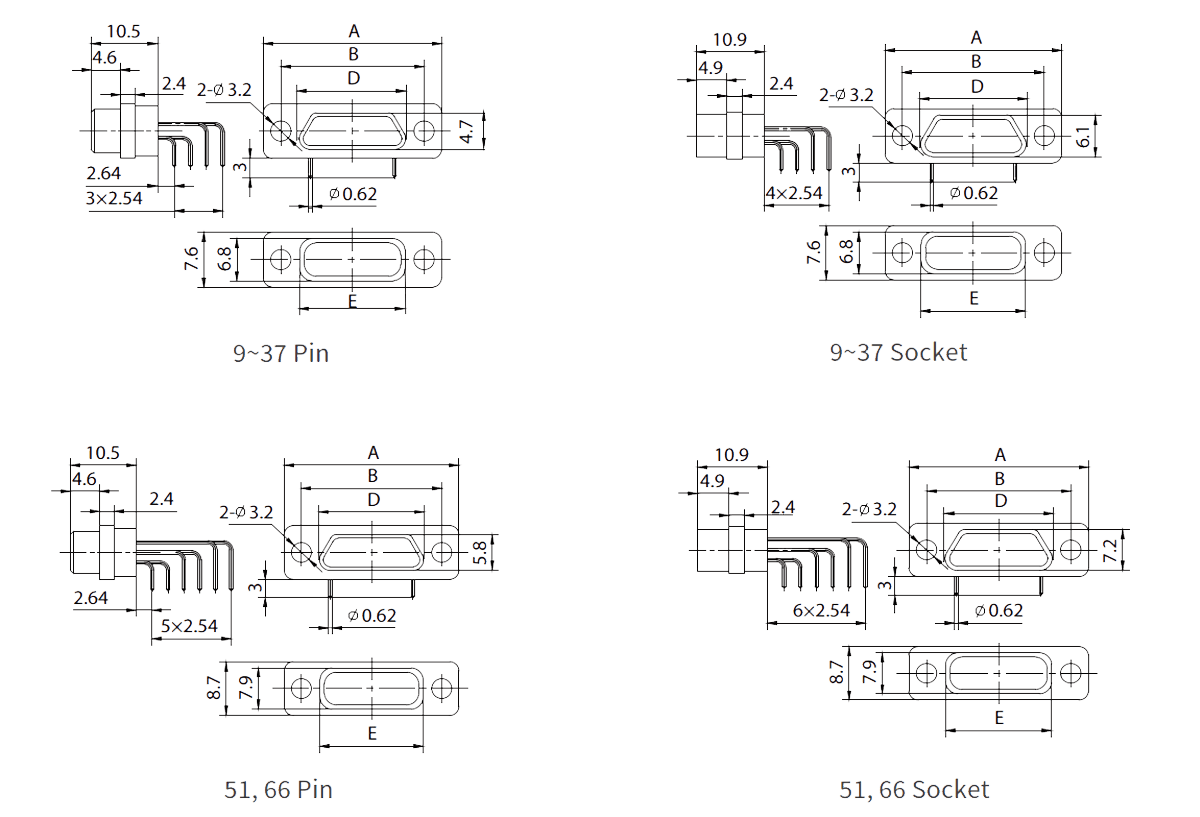 J30J Micro D 2.54x2.54 right angle dimensions