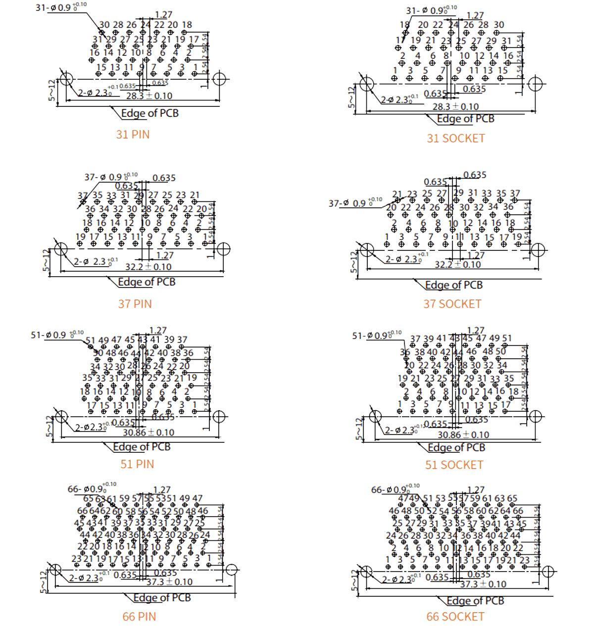 J30J Micro D 2.54x2.54 right angle pcb layouts 31 66