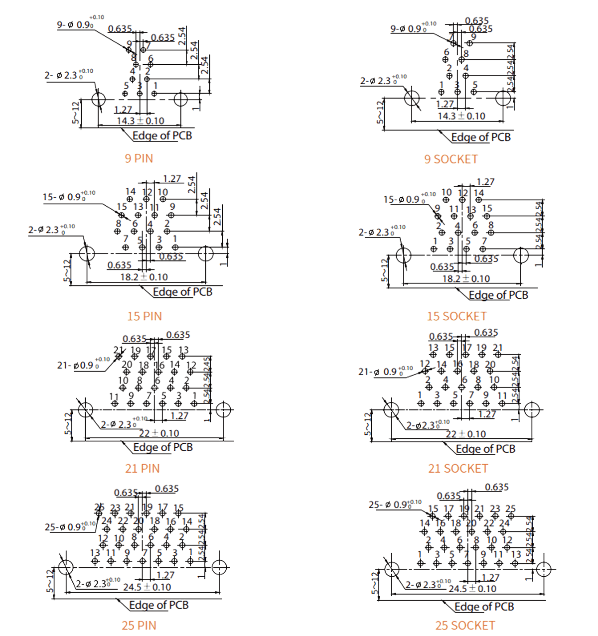 J30J Micro D 2.54x2.54 right angle pcb layouts 9 25