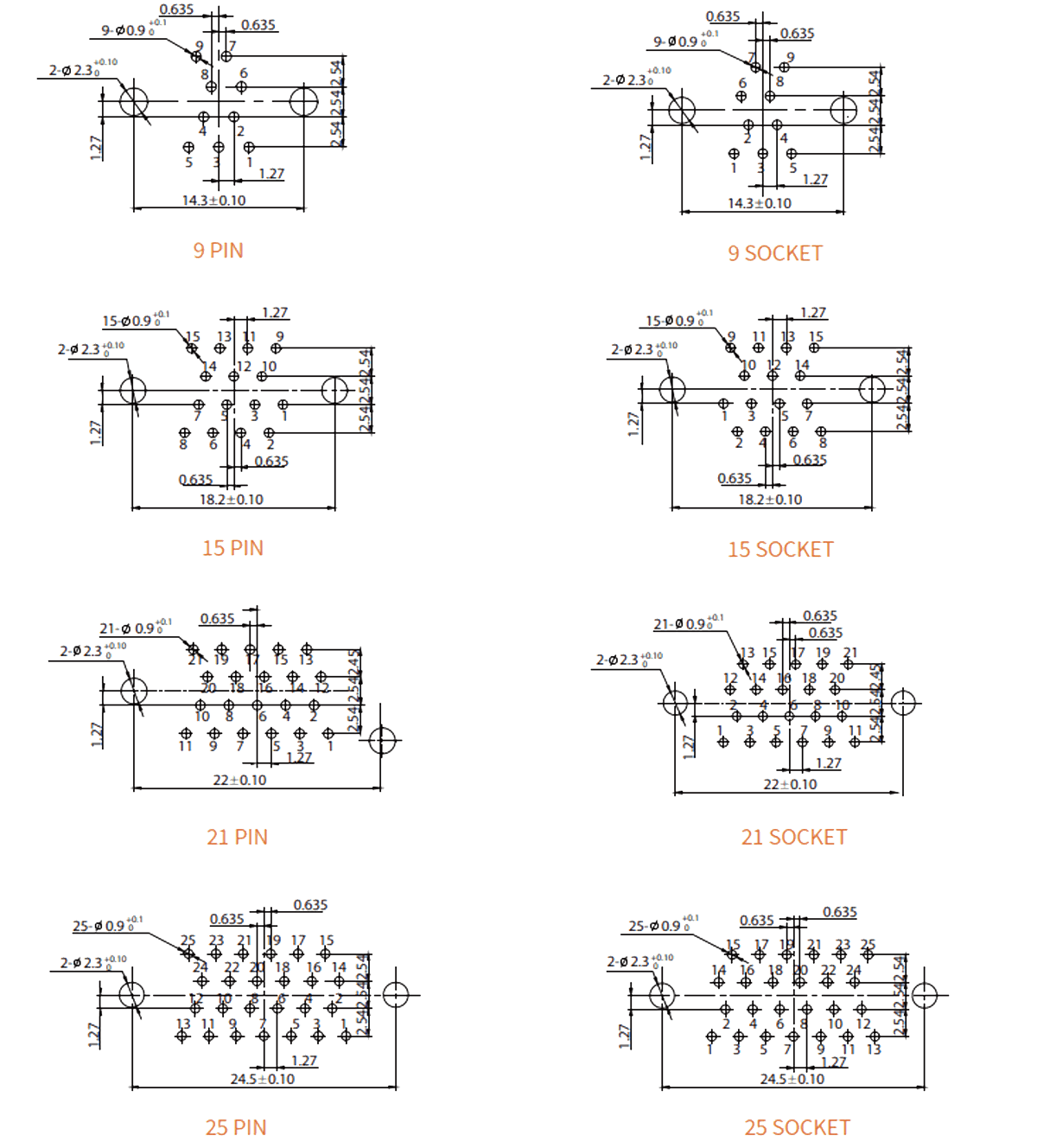 J30J Micro D 2.54x2.54 straight pcb connector pcb layouts 9 25