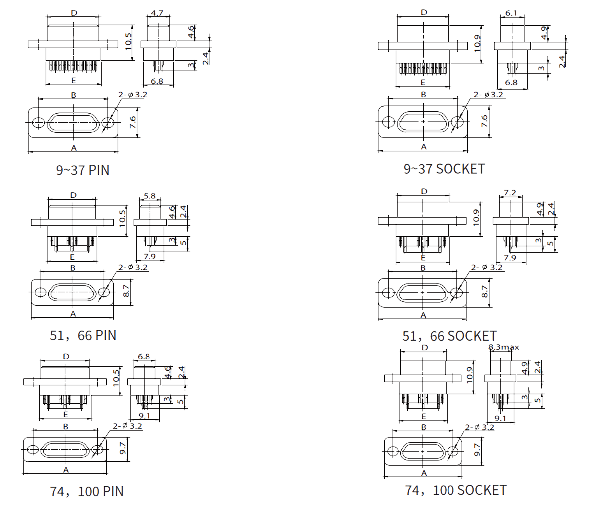 J30J Micro D Solder Cup connector dimensions