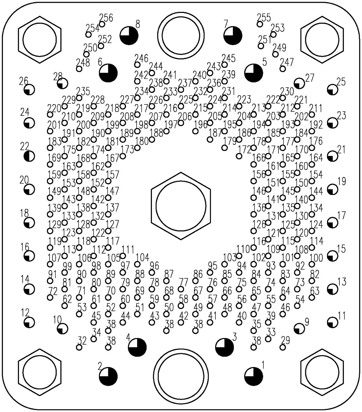 JF2 Type Rectangular Umbilical Connector Contact Arrangement Front View of the Socket Mating Surface 256 pin
