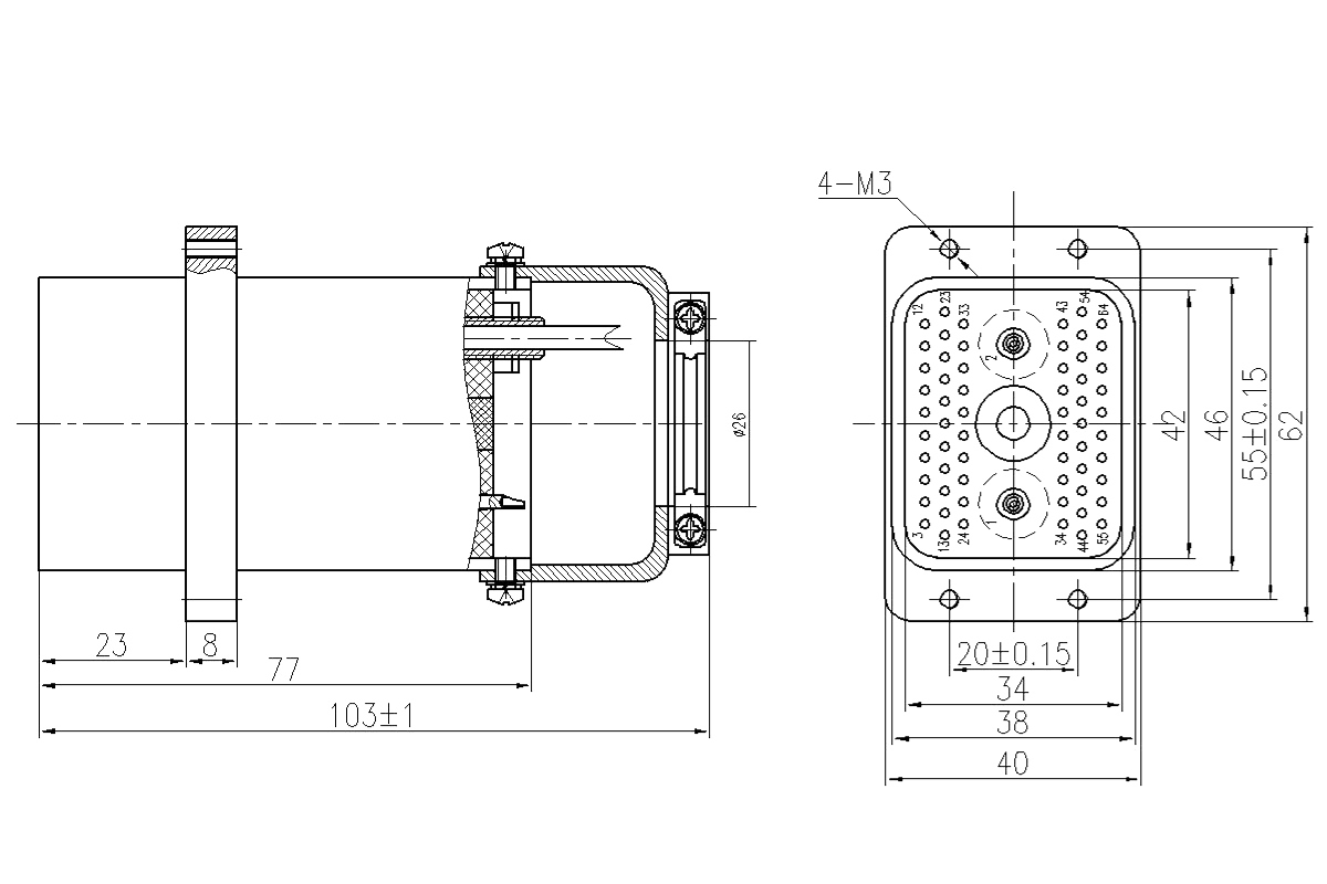 JF22 Series Type Rectangular Umbilical Connector 2 Socket JF22 64ZM3