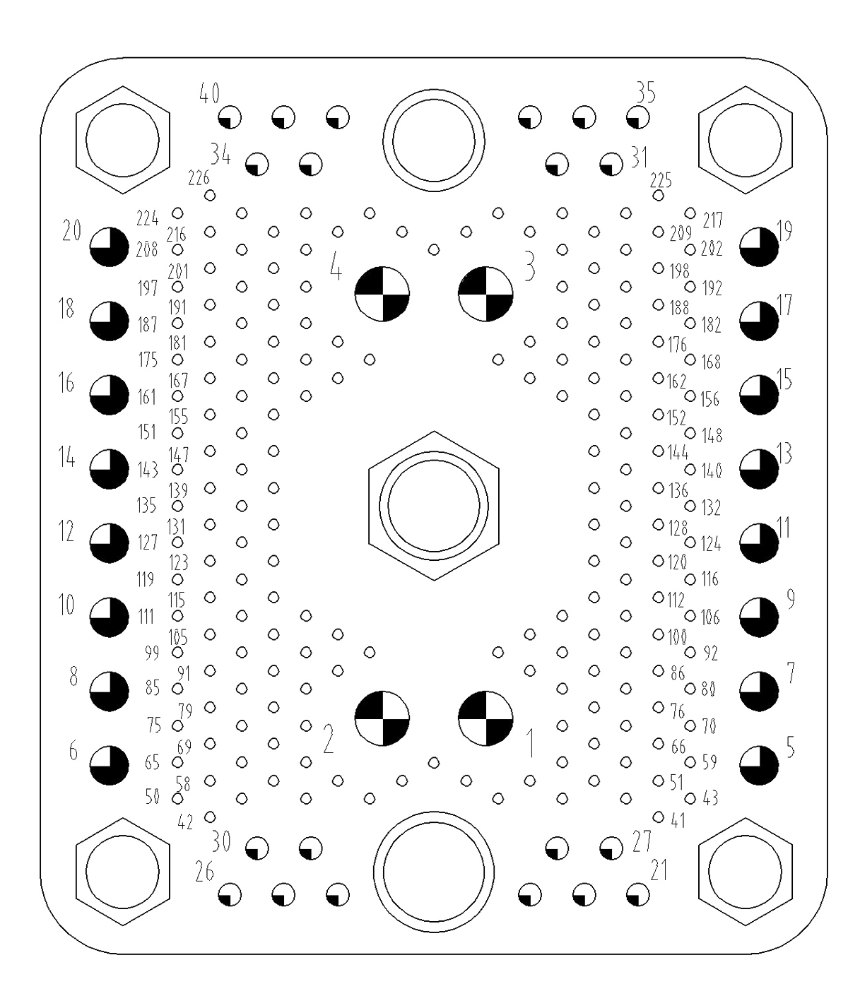 JF3 Type Rectangular Umbilical Connector JF3 226TD44Z44 Contact Hole Arrangement Front View of Socket Mating Surface