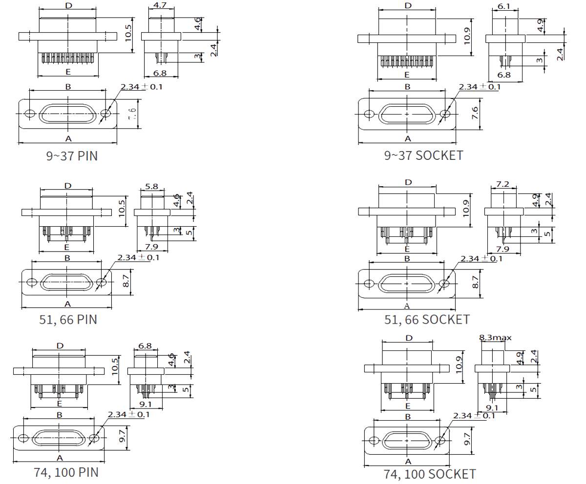 Micro D Solder Cup Termination Metal Shell Connector dimensions