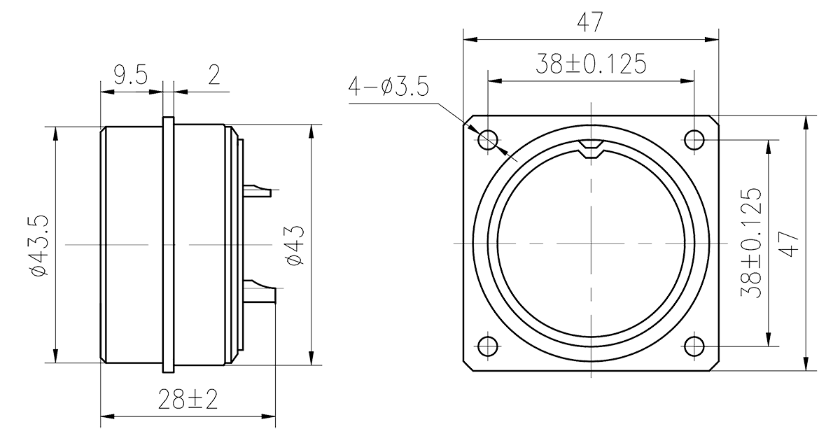 Y16 Drawings Y16E 2416I Square Flange Glass Sealing Receptacle