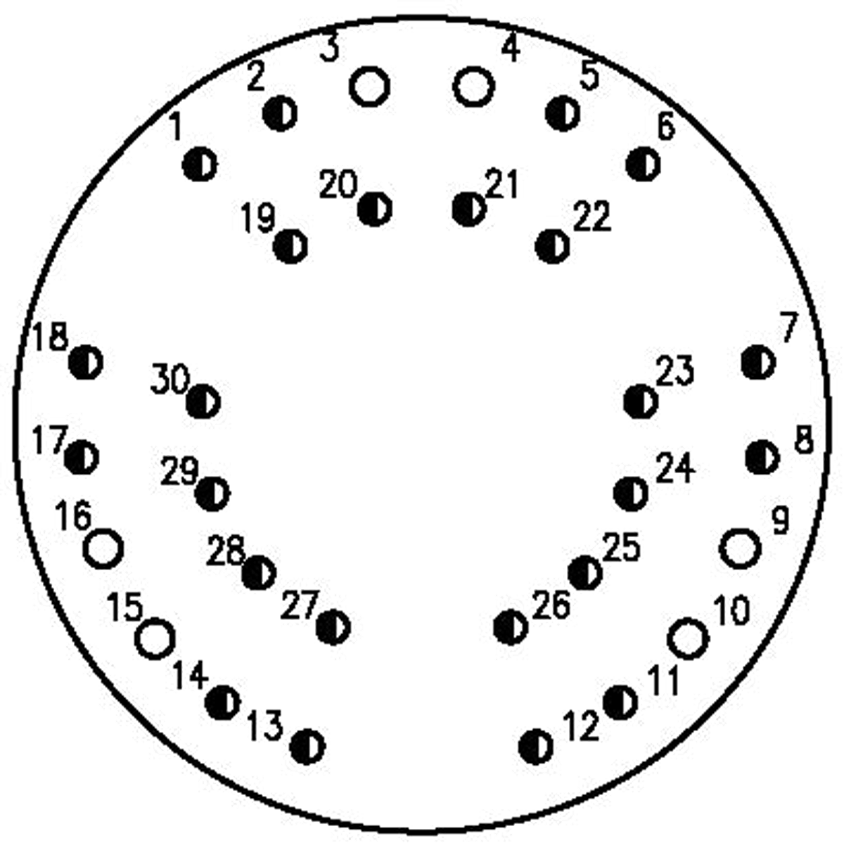 YF17 Type Circular Umbilical Connector Contact Arrangement Front View of The Socket Mating Surface 30 Pin