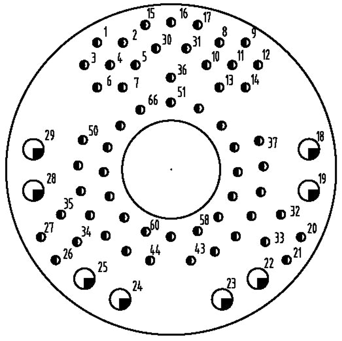 YF17 Type Circular Umbilical Connector Contact Arrangement Front View of The Socket Mating Surface 68 PIN