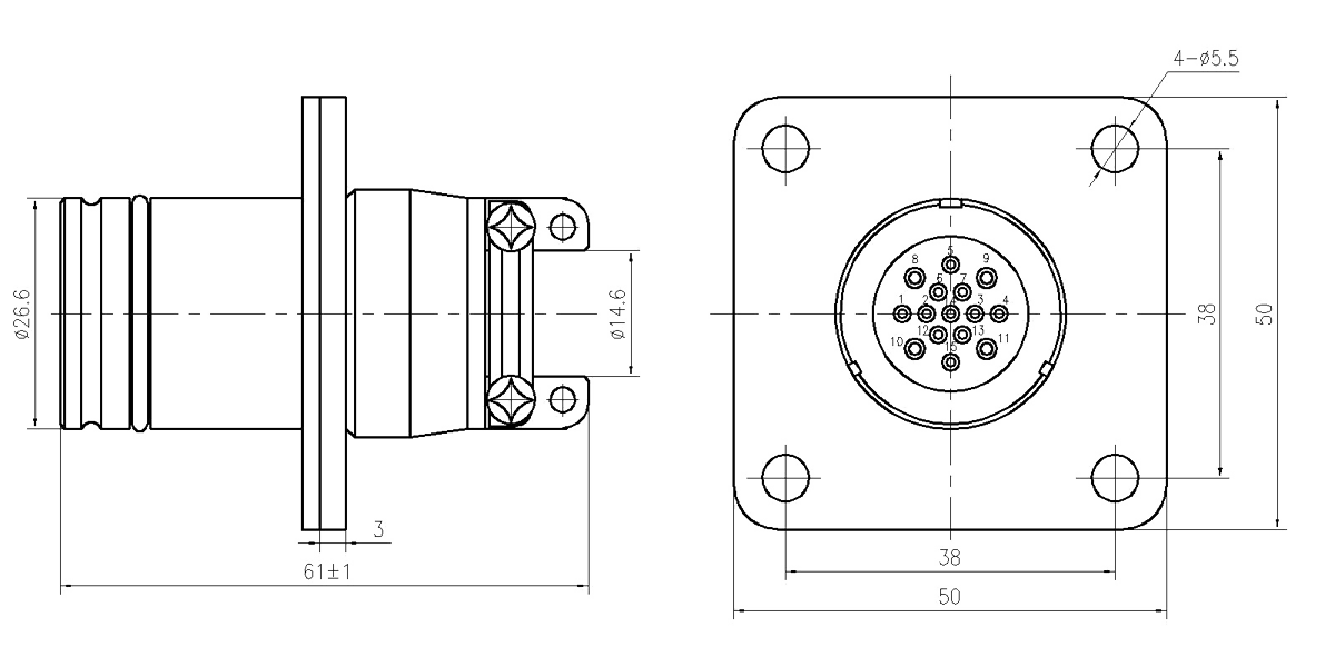 YF31 Type Circular Umbilical Connector Socket with Rectangle Flange YF31A 15ZKA
